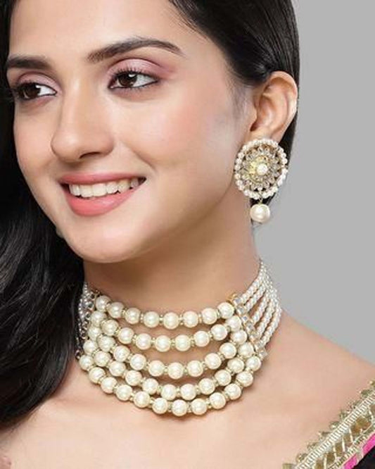 Pearl Multi-layer Beaded Kundan Choker Necklace Set for Women