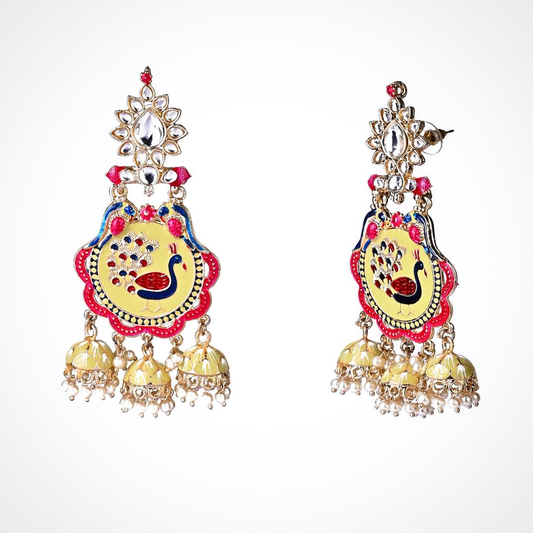 Multicolor Meenakari Peacock Design Augadh Jhumkis Drop and Dangler Earrings.💫