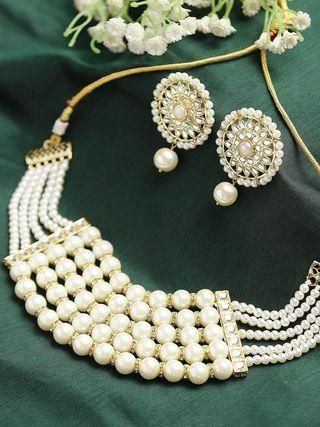 Pearl Multi-layer Beaded Kundan Choker Necklace Set for Women